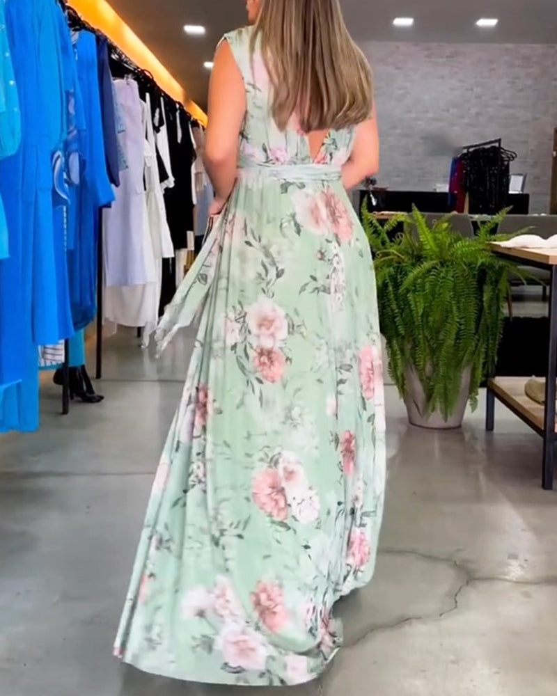 Robe Longue Sans Manches à Fleurs Gia avec Ourlet Fendu