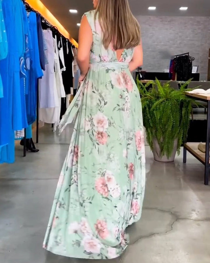 Robe Longue Sans Manches à Fleurs Gia avec Ourlet Fendu