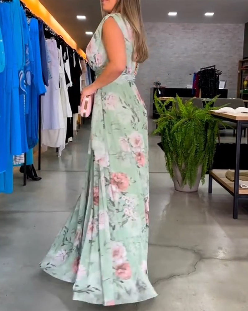 Robe Longue Sans Manches à Fleurs Gia avec Ourlet Fendu