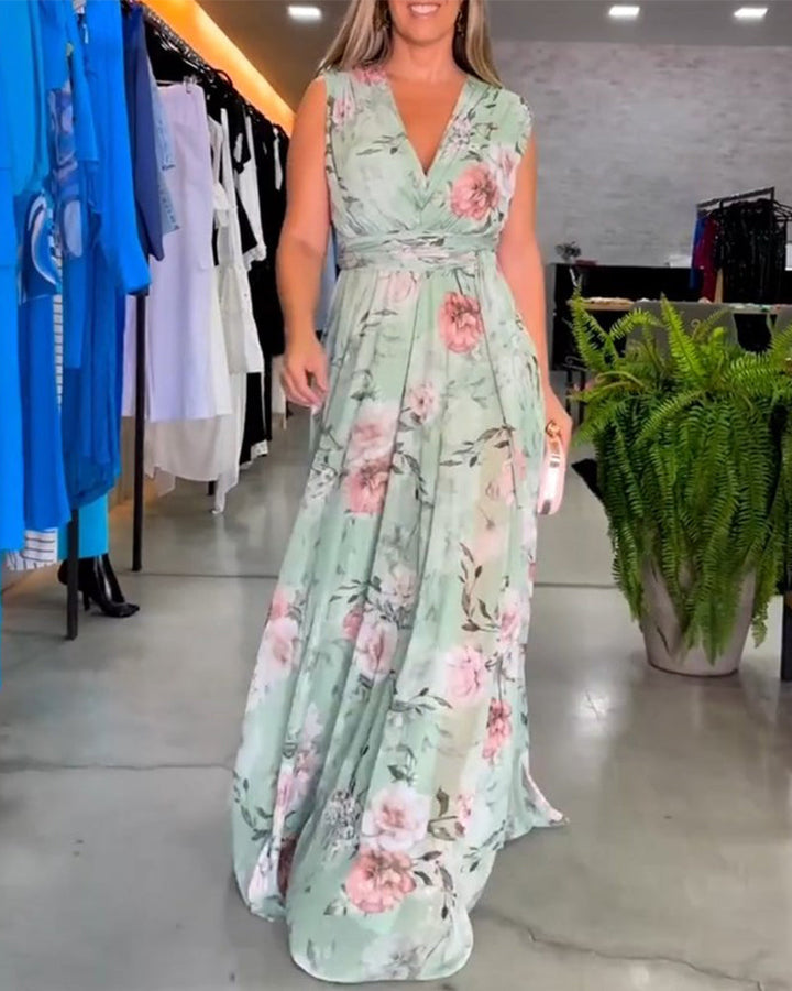 Robe Longue Sans Manches à Fleurs Gia avec Ourlet Fendu