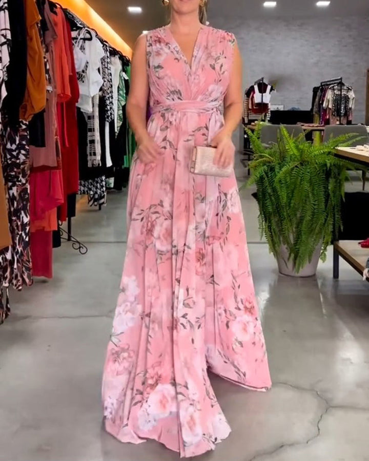 Robe Longue Sans Manches à Fleurs Gia avec Ourlet Fendu