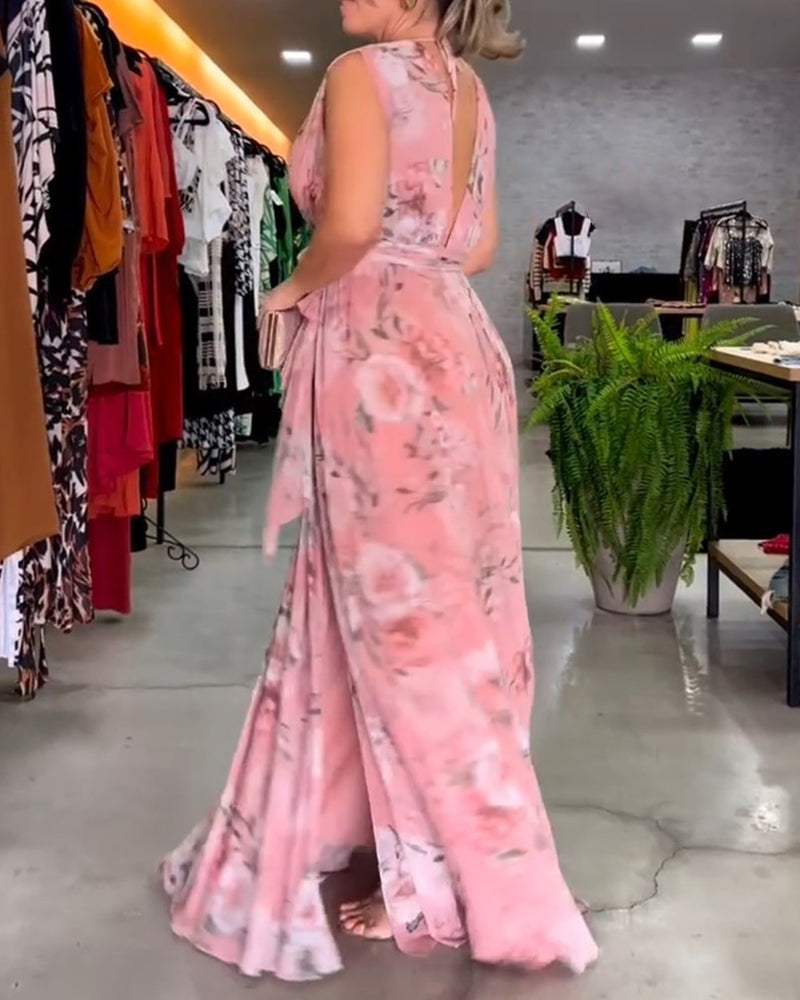 Robe Longue Sans Manches à Fleurs Gia avec Ourlet Fendu