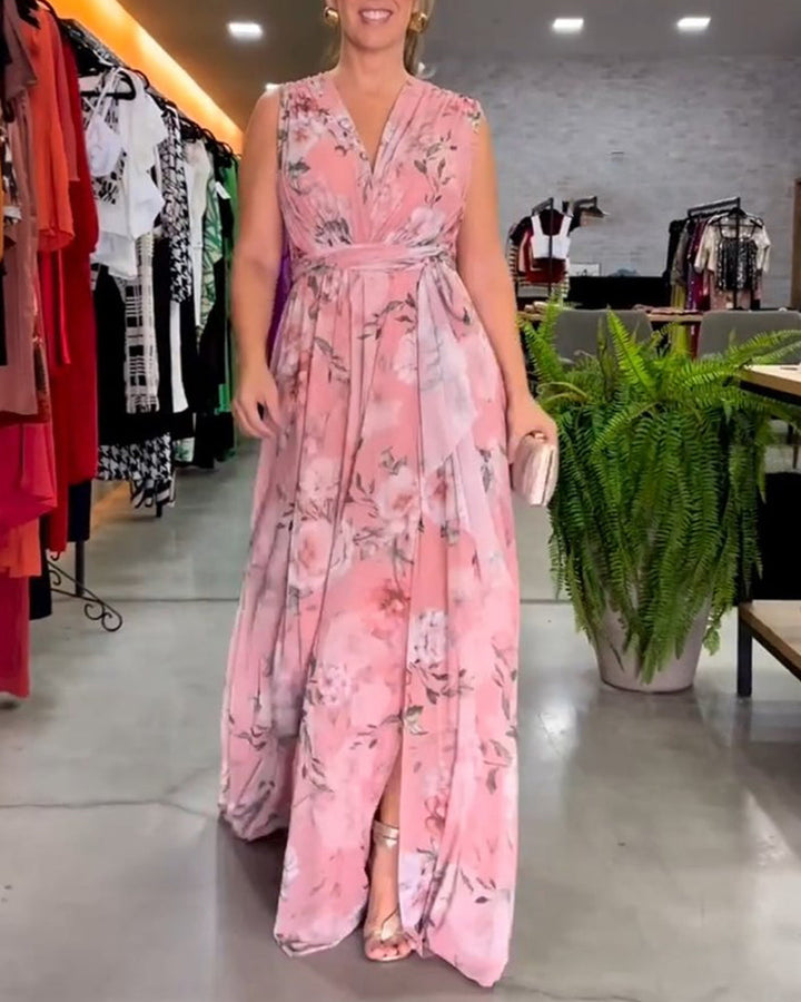 Robe Longue Sans Manches à Fleurs Gia avec Ourlet Fendu