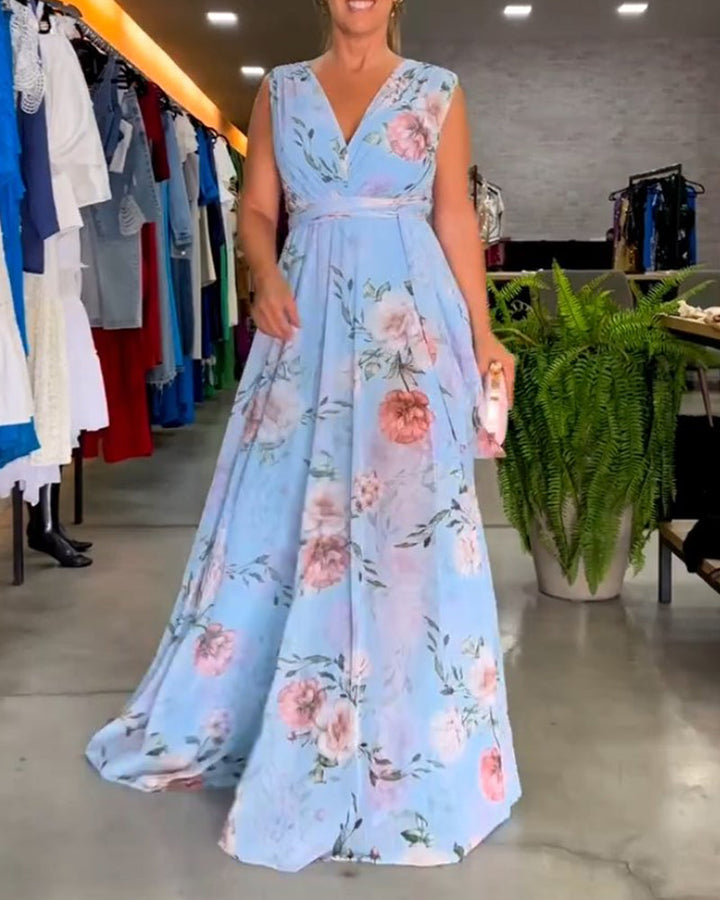 Robe Longue Sans Manches à Fleurs Gia avec Ourlet Fendu