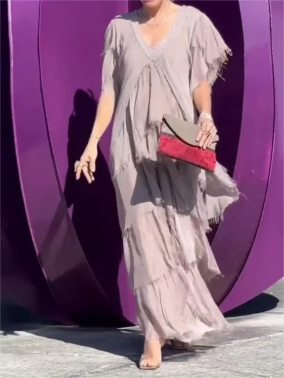 Blaise - Robe Maxi à Encolure en V avec Manches Courtes Volantes