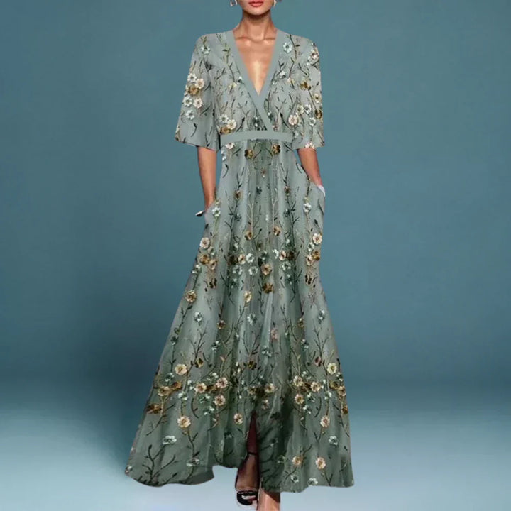 Ruby | Maxi Robe Fleurie à Encolure en V avec Ceinture