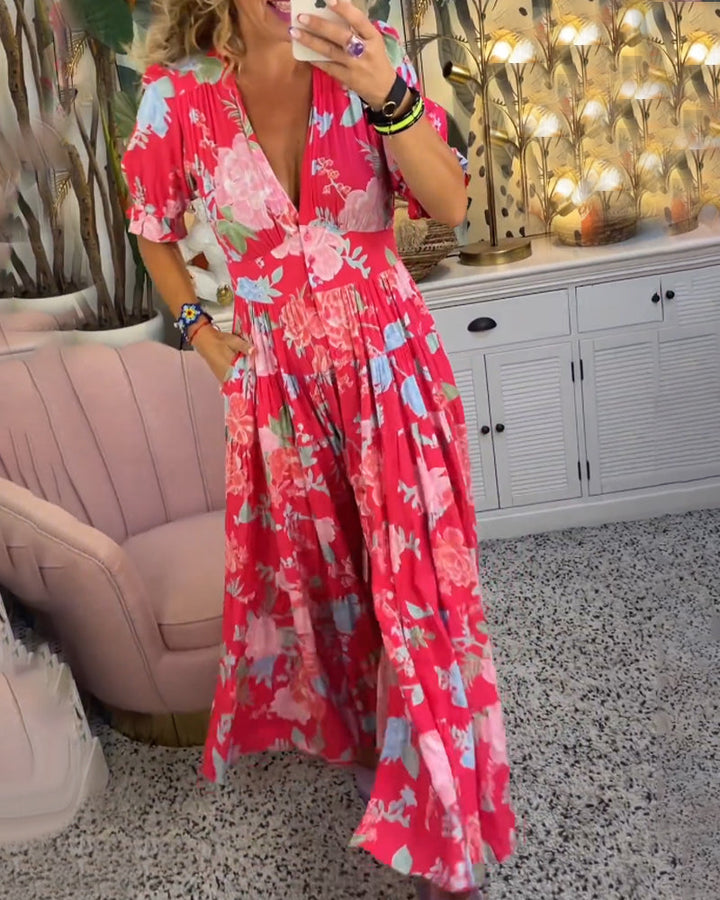 Robe Maxi Florale à Manches Courtes et Col V - Reagan