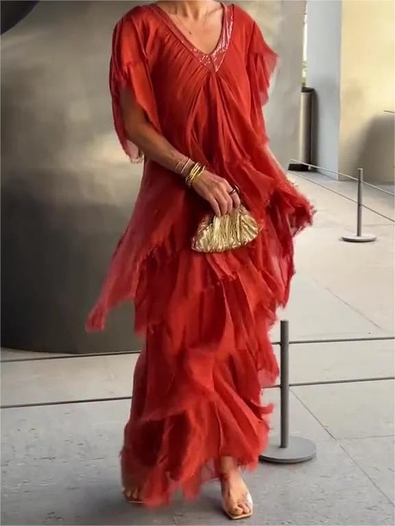 Blaise - Robe Maxi à Encolure en V avec Manches Courtes Volantes