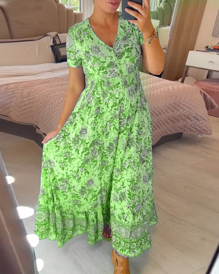 Ellie - Élégante robe plissée à col en V avec motif floral