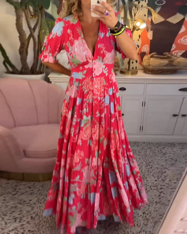 Robe Maxi Florale à Manches Courtes et Col V - Reagan