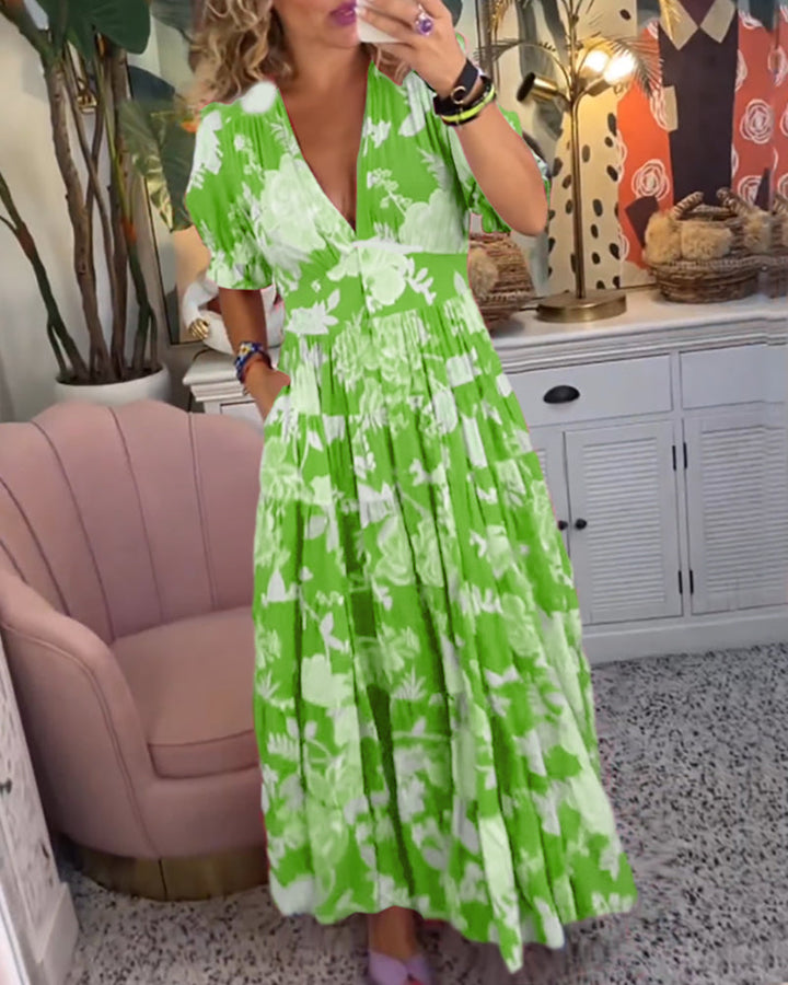 Robe Maxi Florale à Manches Courtes et Col V - Reagan