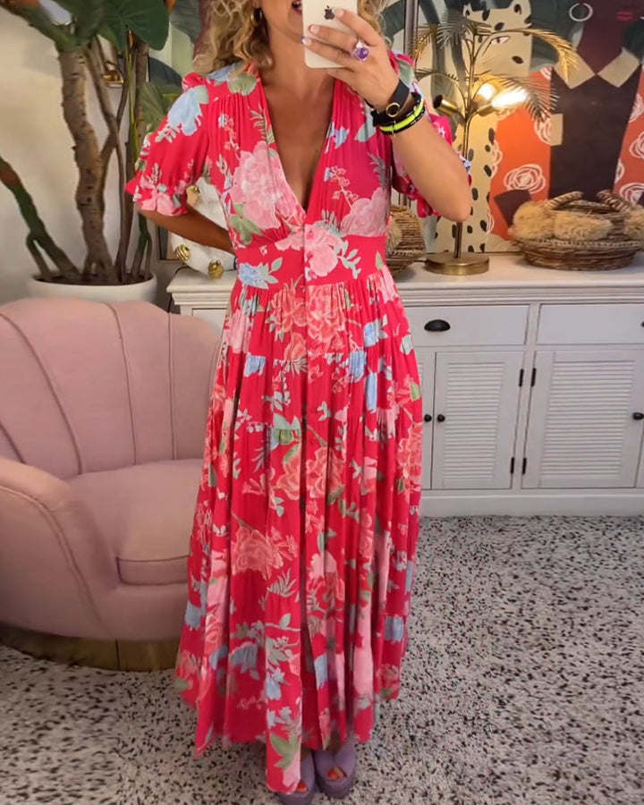 Robe Maxi Florale à Manches Courtes et Col V - Reagan
