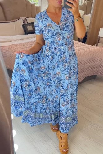 Ellie - Élégante robe plissée à col en V avec motif floral