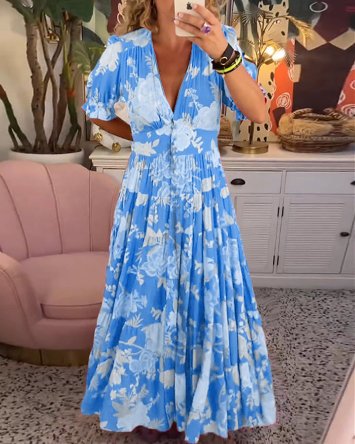 Robe Maxi Florale à Manches Courtes et Col V - Reagan