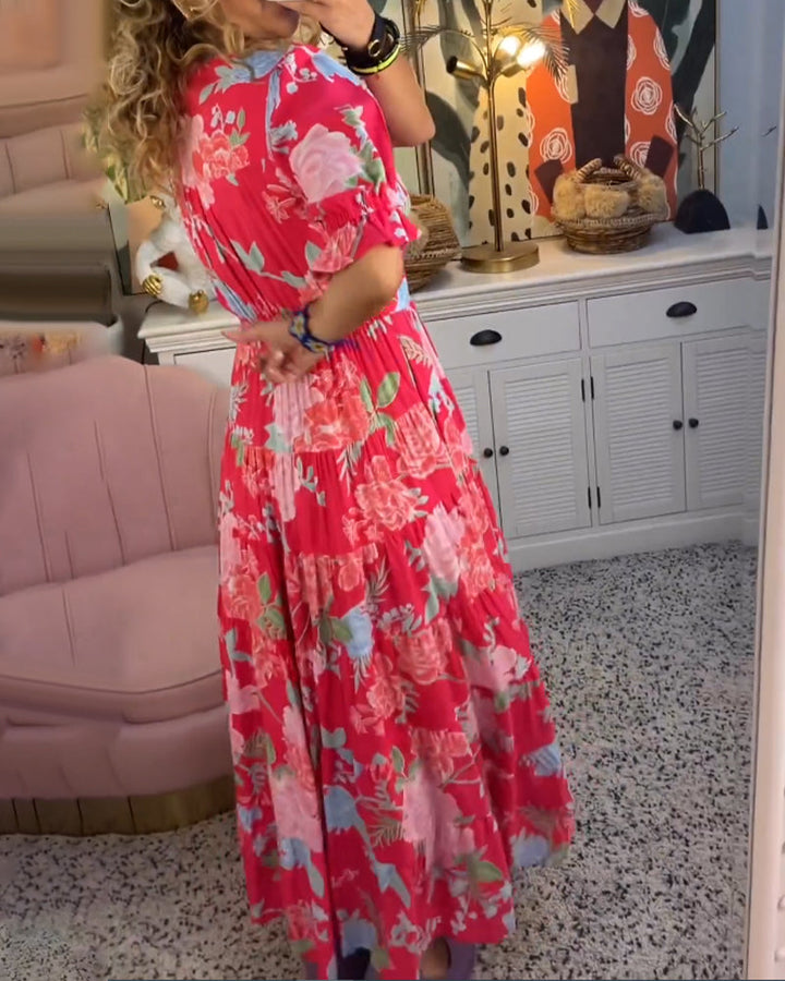 Robe Maxi Florale à Manches Courtes et Col V - Reagan