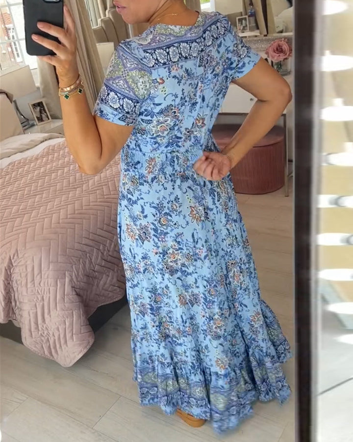 Ellie - Élégante robe plissée à col en V avec motif floral