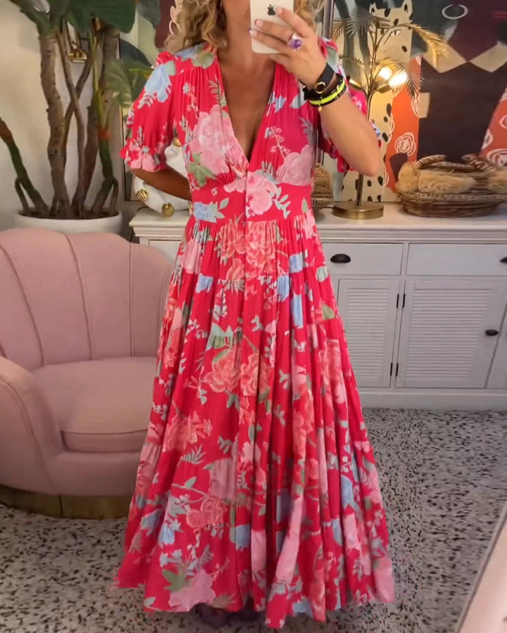 Robe Maxi Florale à Manches Courtes et Col V - Reagan