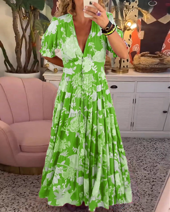 Robe Maxi Florale à Manches Courtes et Col V - Reagan