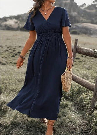 Margo - Robe Maxi à Manches Courtes Évasées et Fente Latérale
