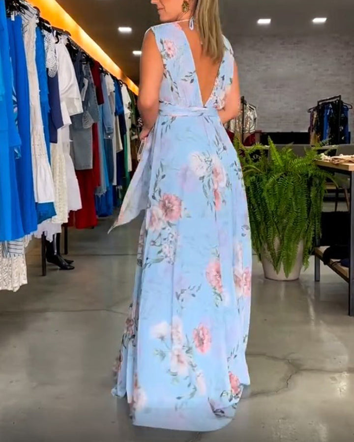 Robe Longue Sans Manches à Fleurs Gia avec Ourlet Fendu