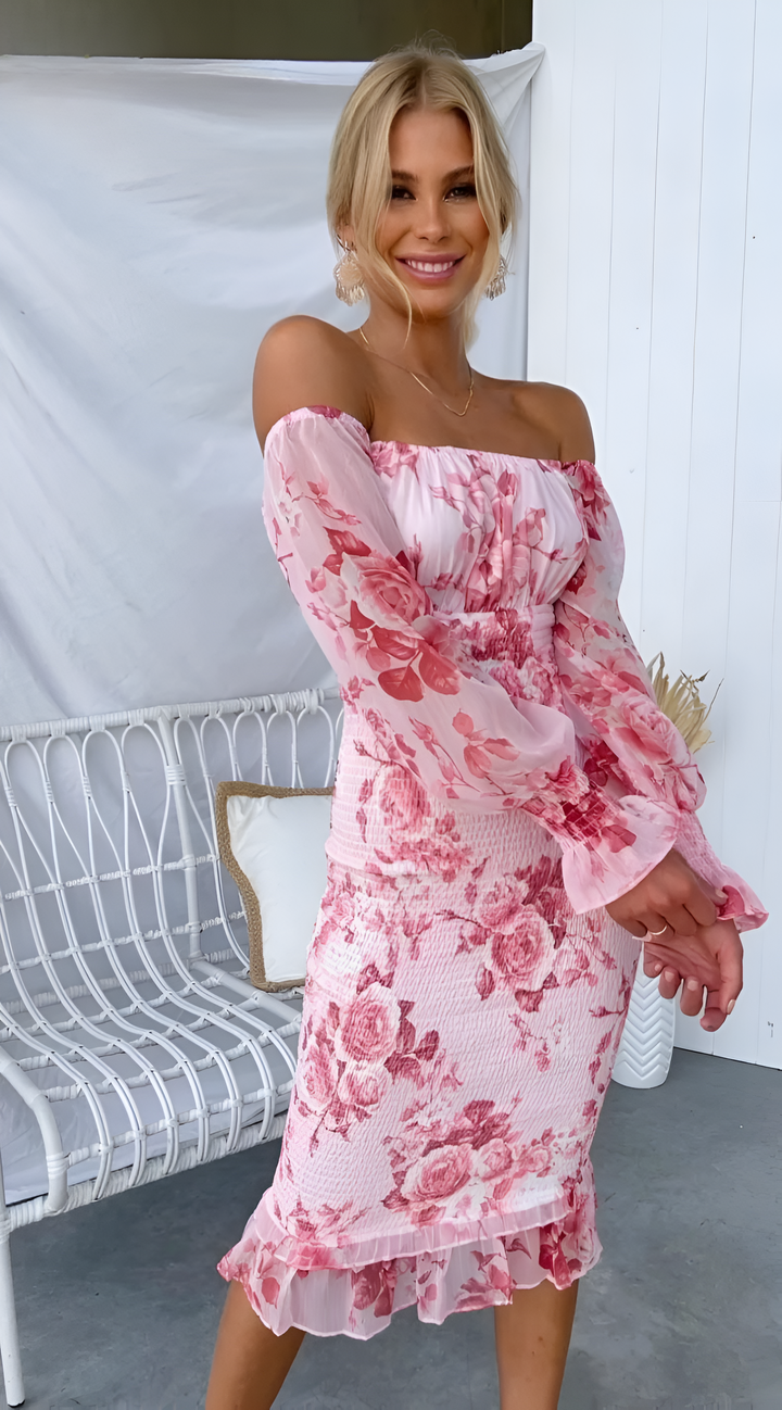 Nadia - Robe Midi à Épaules Nues avec Taille Cintrée