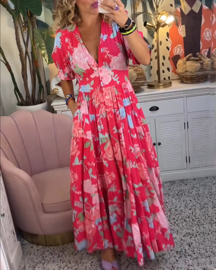 Robe Maxi Florale à Manches Courtes et Col V - Reagan
