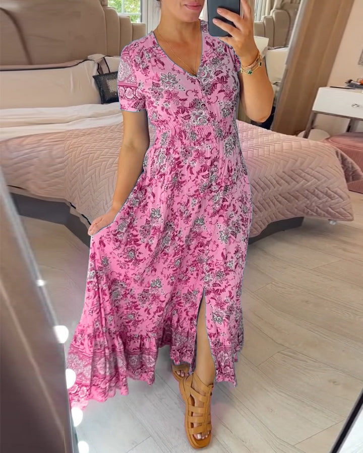 Ellie - Élégante robe plissée à col en V avec motif floral