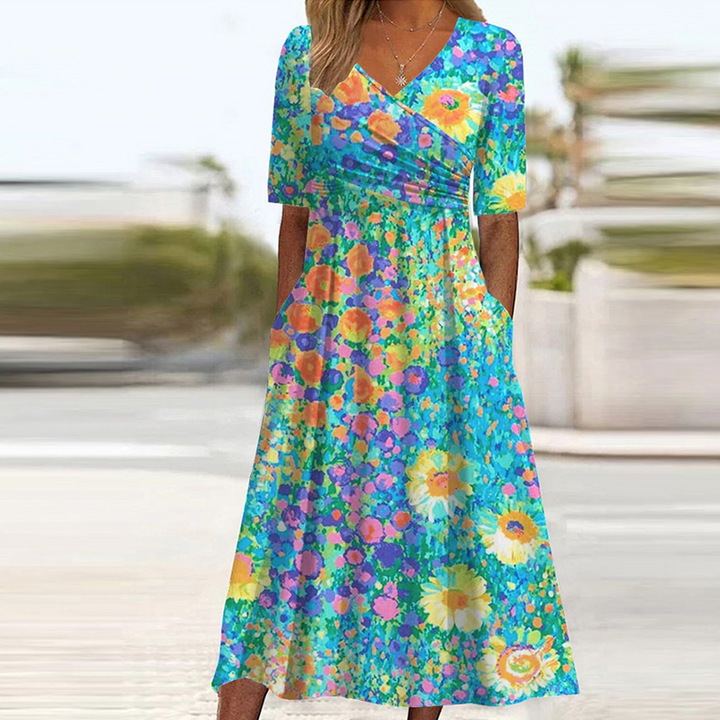 Freesia - Robe Midi à Fleurs à Manches Courtes