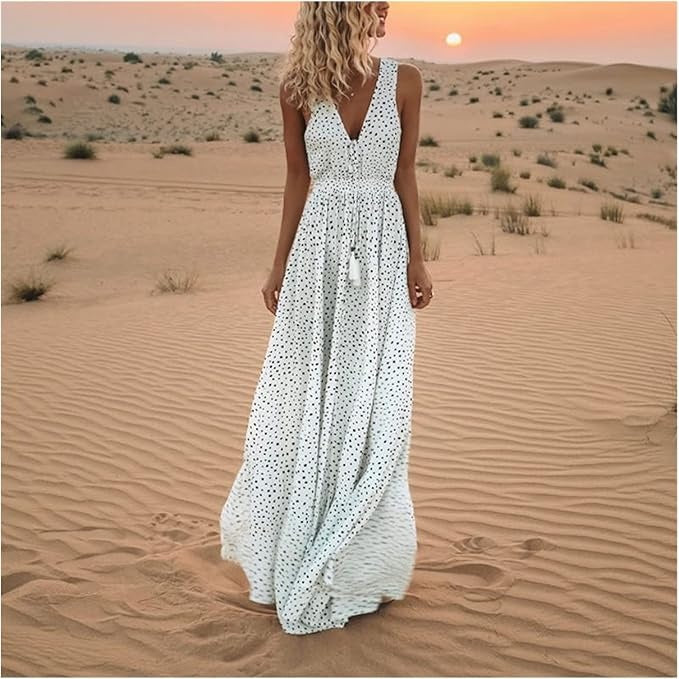 Noa - Robe Maxi à Pois avec Décolleté en V - Élégance Bohémienne
