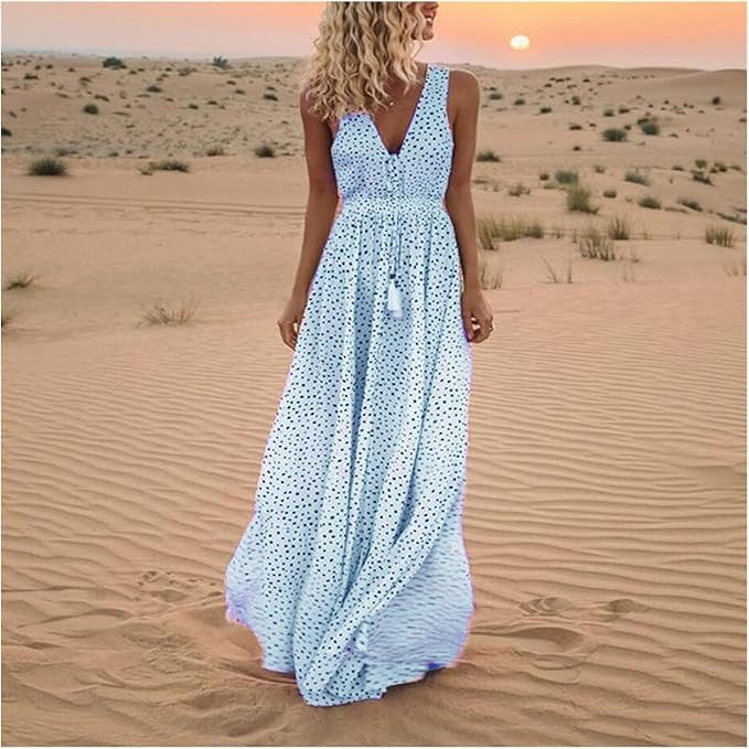 Noa - Robe Maxi à Pois avec Décolleté en V - Élégance Bohémienne