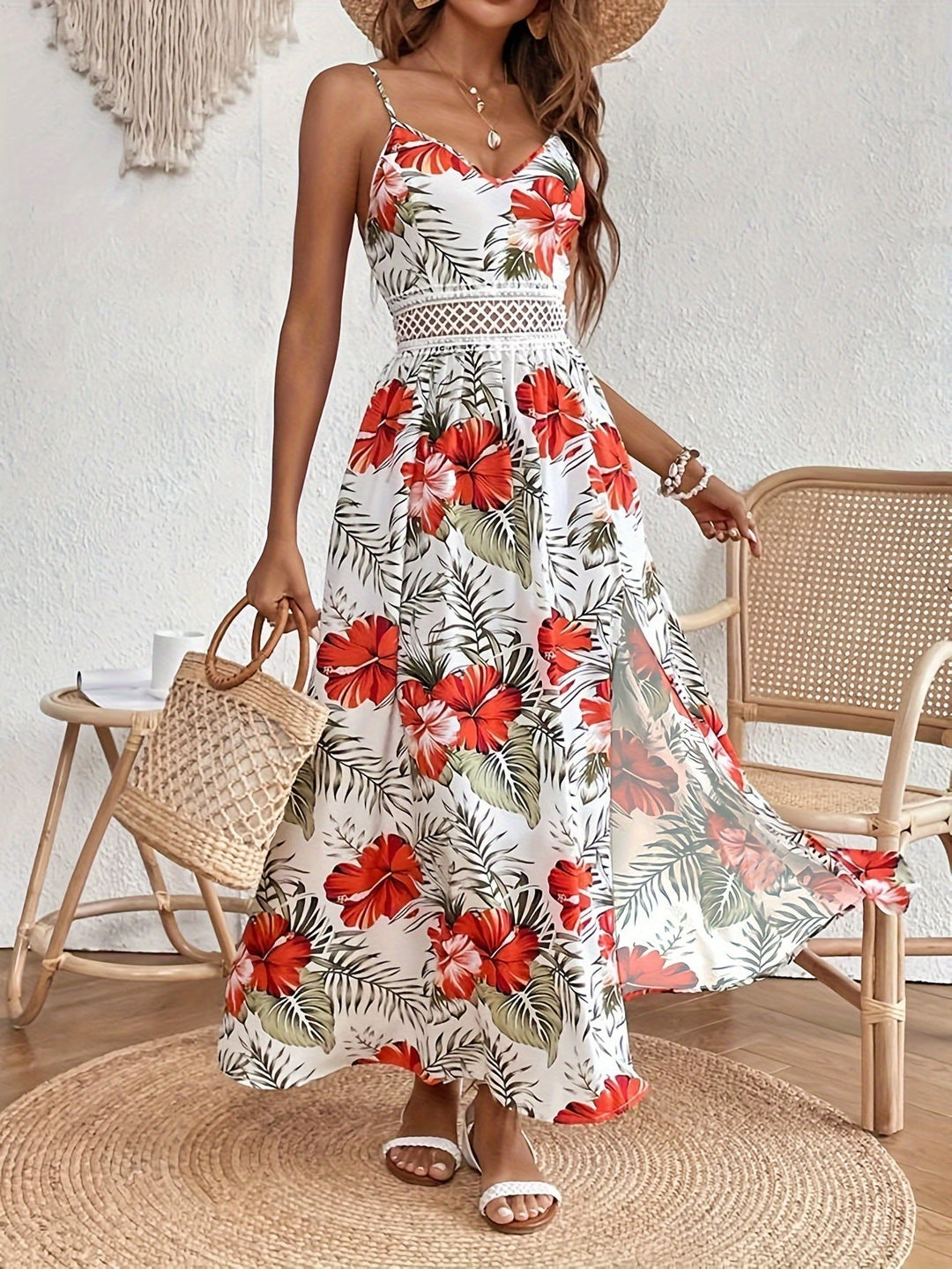 Robe Maxi Florale à Bretelles en V - Érable