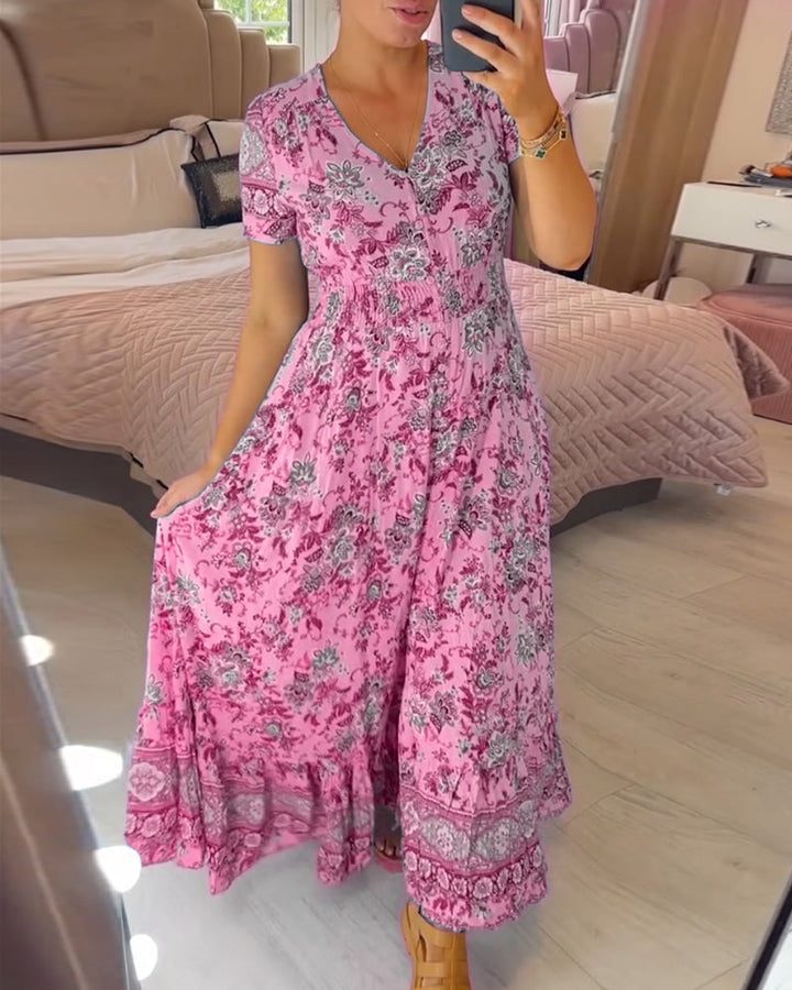 Ellie - Élégante robe plissée à col en V avec motif floral