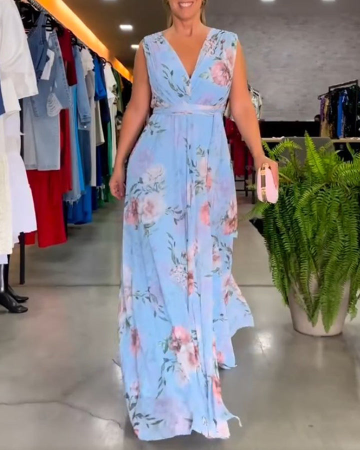 Robe Longue Sans Manches à Fleurs Gia avec Ourlet Fendu