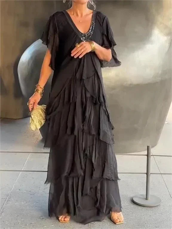 Blaise - Robe Maxi à Encolure en V avec Manches Courtes Volantes