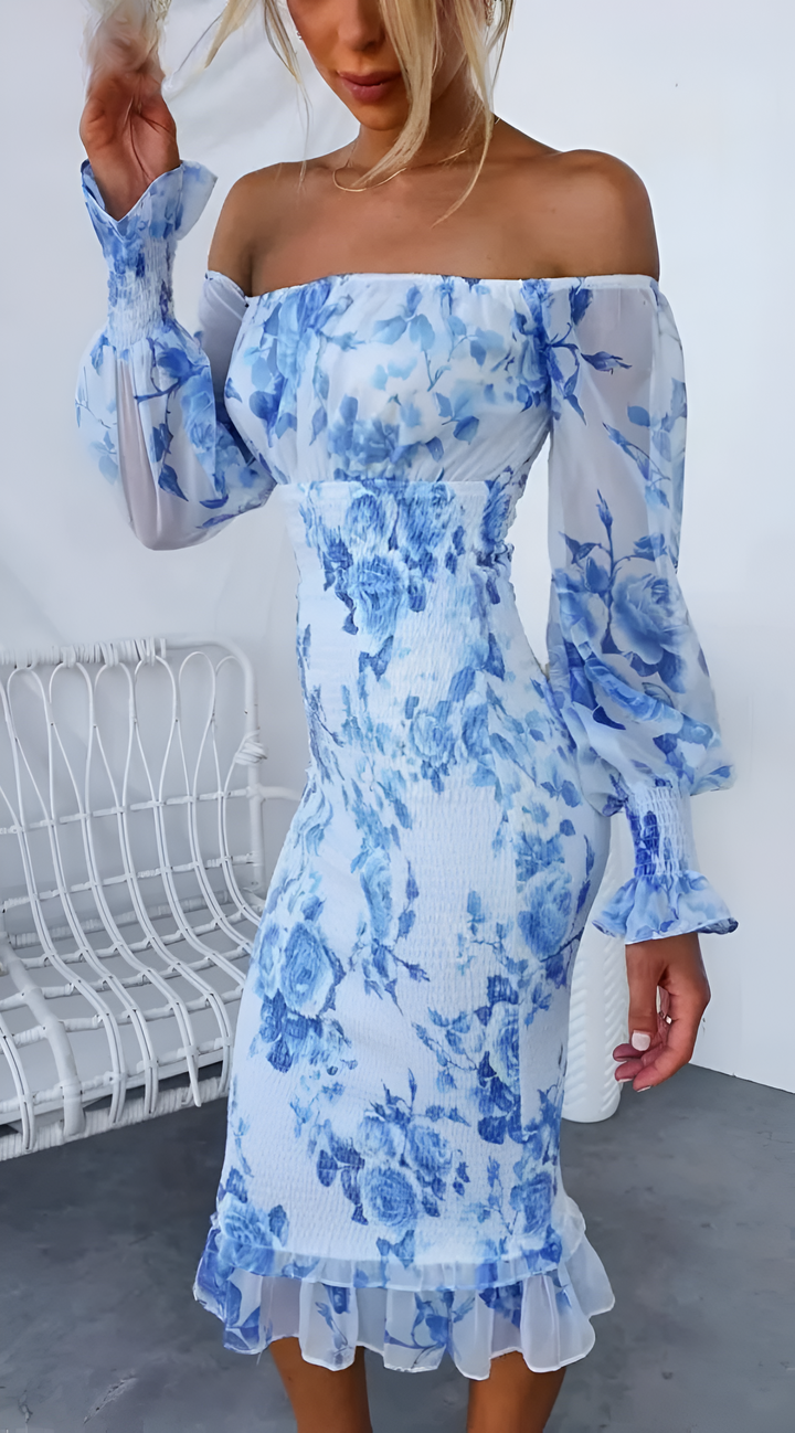 Nadia - Robe Midi à Épaules Nues avec Taille Cintrée