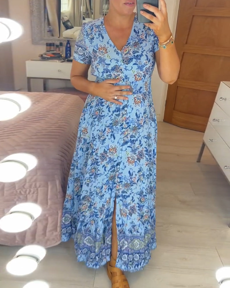 Ellie - Élégante robe plissée à col en V avec motif floral