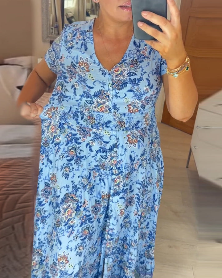 Ellie - Élégante robe plissée à col en V avec motif floral