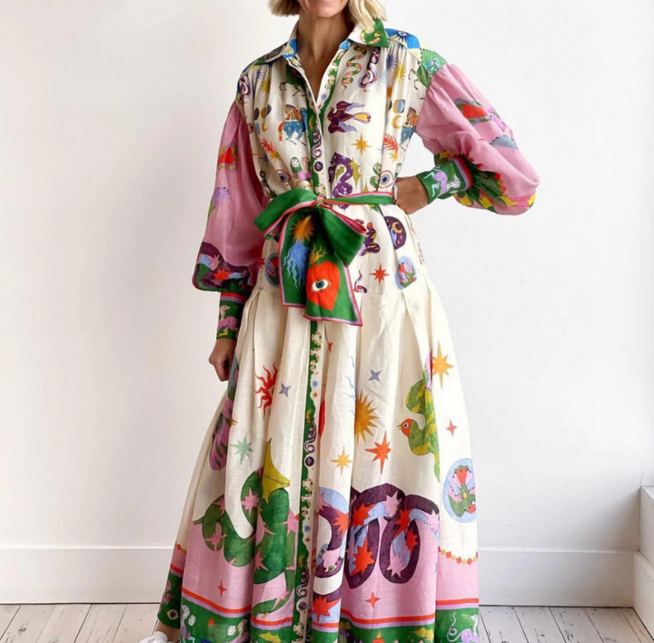 Capri - Robe Élégante à Manches Lanternes avec Ceinture