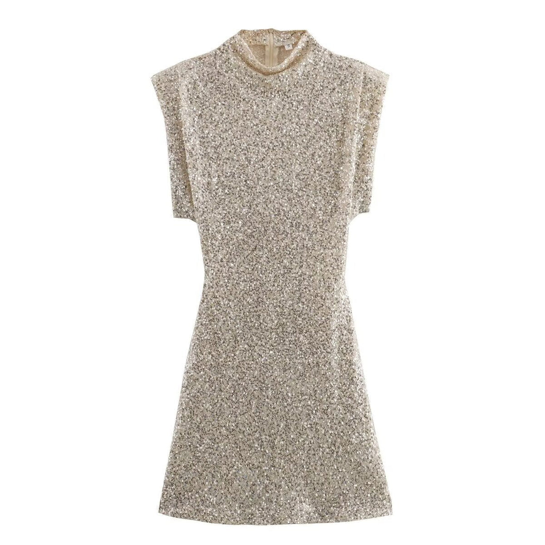 Halle - Mini Robe Slim à Paillettes avec Col Rond