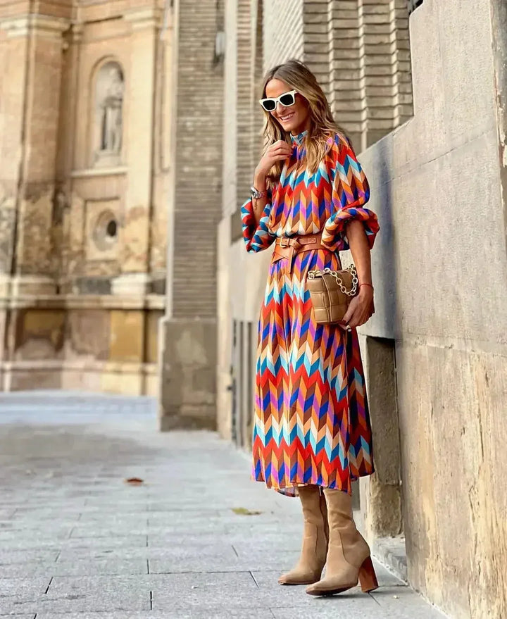 Kaia - Long Evening Dress with Geometric Prints