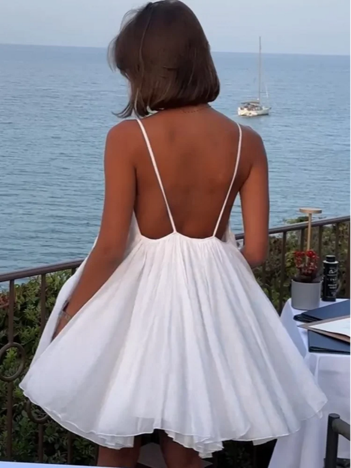 Olive - Mini Plissée V-Neck Beach Dress