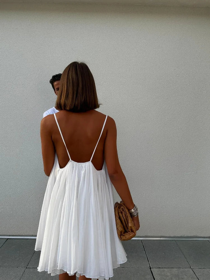 Olive - Mini Plissée V-Neck Beach Dress