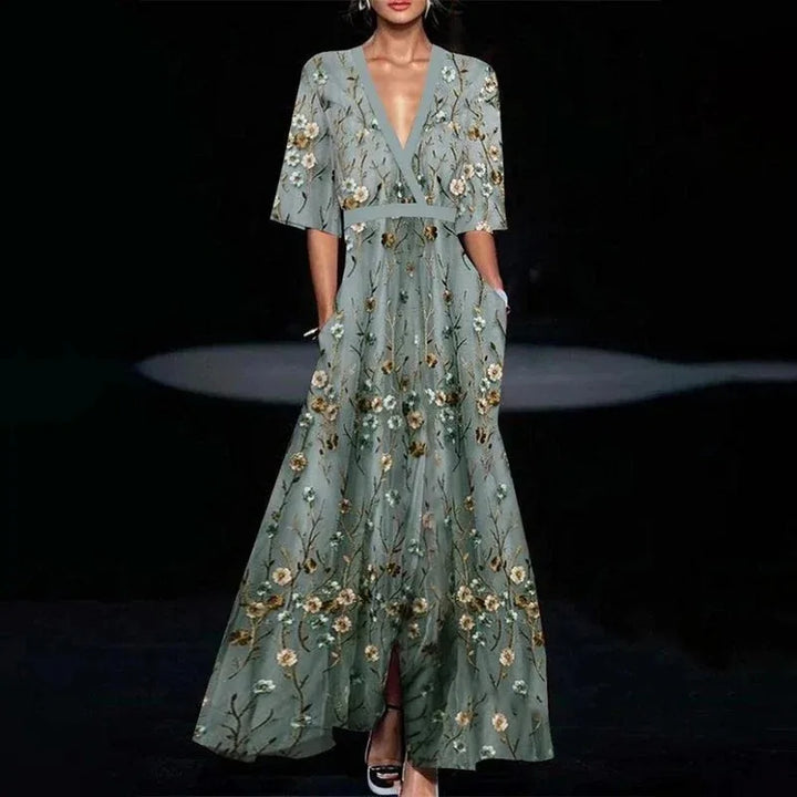 Ruby | Maxi Robe Fleurie à Encolure en V avec Ceinture