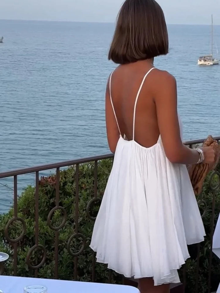 Olive - Mini Plissée V-Neck Beach Dress