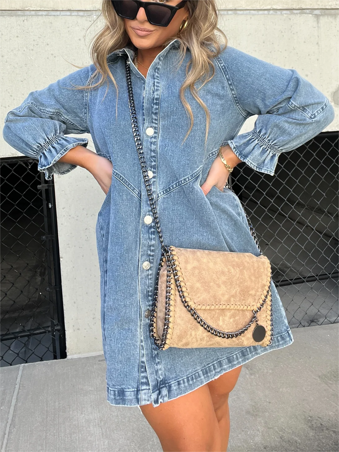 Galilea - Chic Midi Jean Dress with Folded Collar
