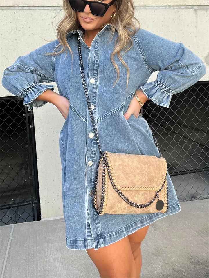Galilea - Chic Midi Jean Dress with Folded Collar