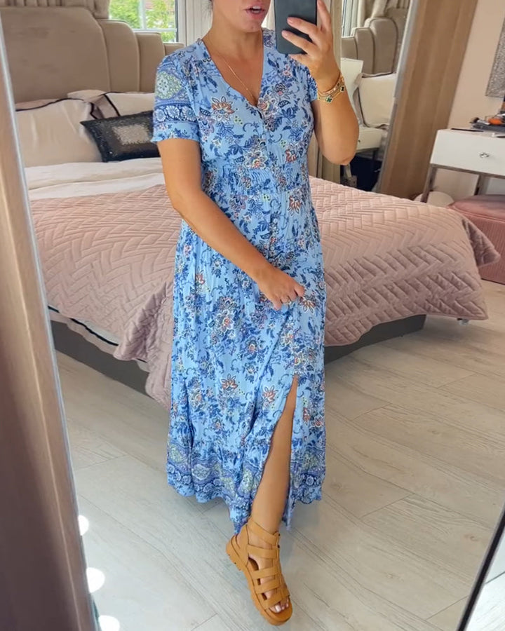 Ellie - Élégante robe plissée à col en V avec motif floral