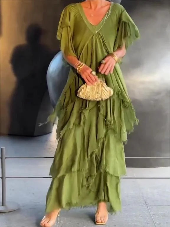 Blaise - Robe Maxi à Encolure en V avec Manches Courtes Volantes