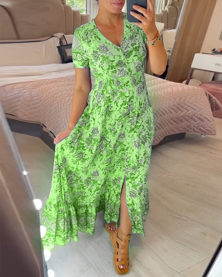 Ellie - Élégante robe plissée à col en V avec motif floral