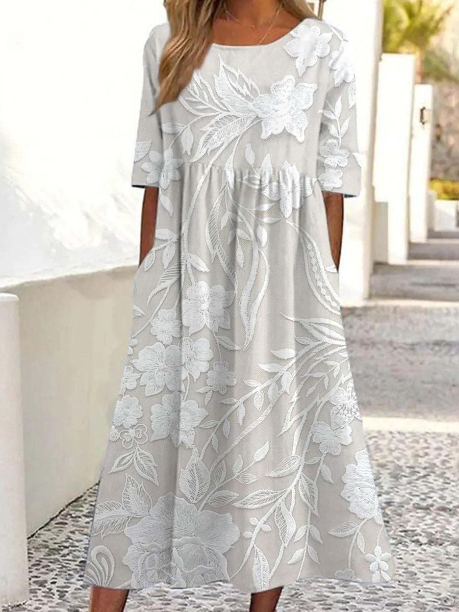 Dovie - Robe Longue à Motif Floral Classique avec Manches 3/4